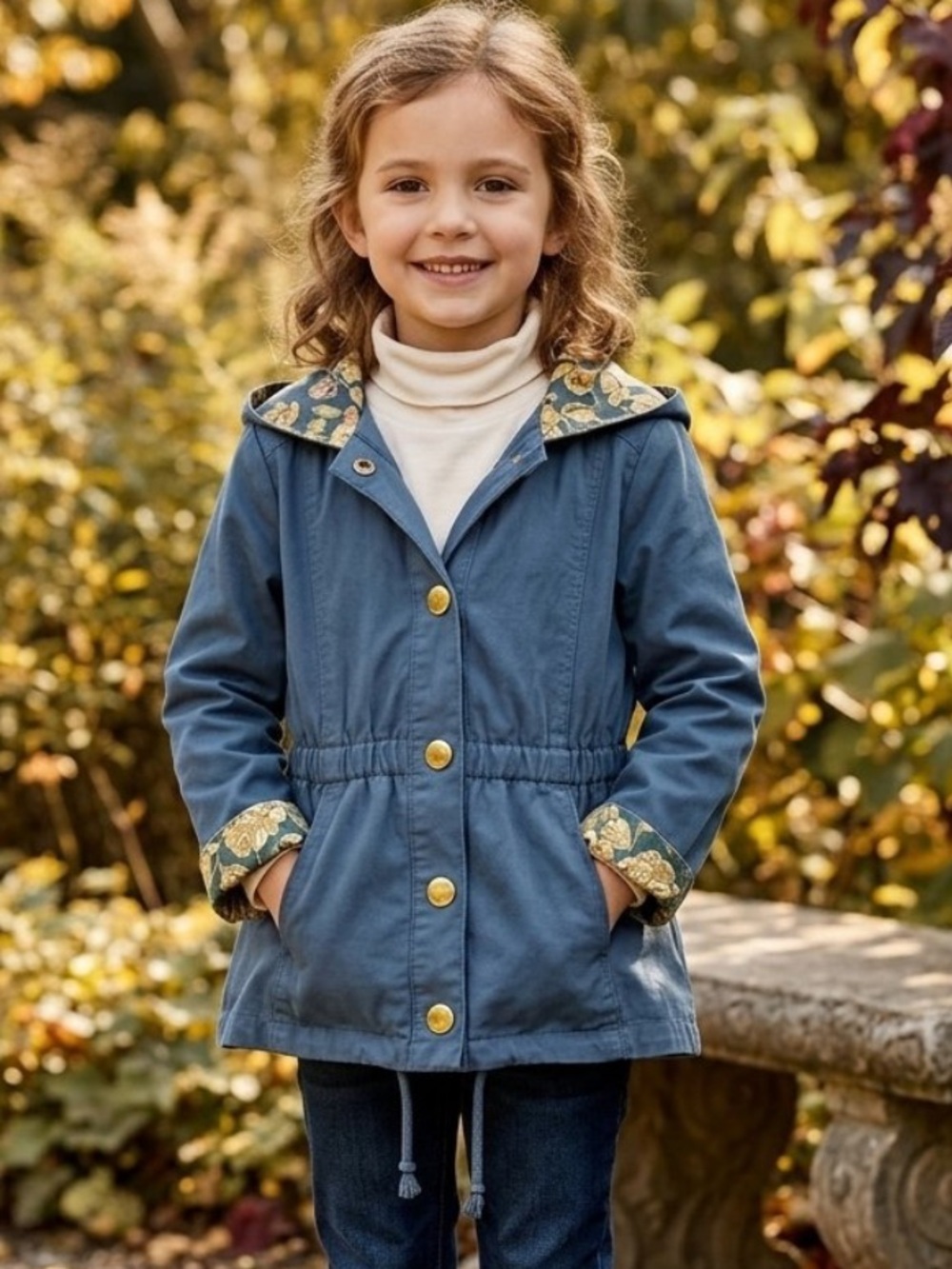 Max Studio Blue Hooded Jacket Cotton Button-up Floral Trim Toddler Girls Sz 3T